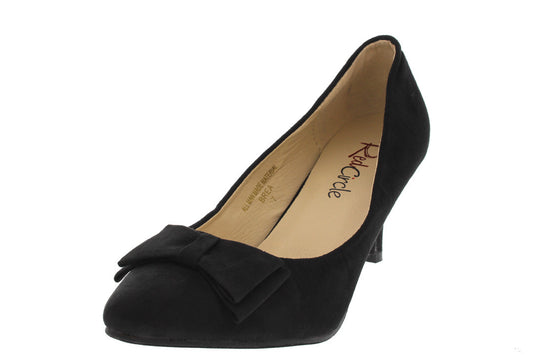 BLACK POINTED TOE BOW SINGLE SOLE PUMP FAUX SUEDE