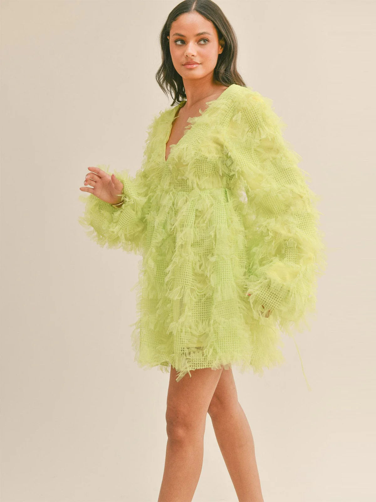 LIME LONG SLEEVE V-NECK FEATHER DETAILED MINI DRESS