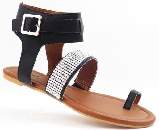 BLACK TOE STRAP HIGH POLISH CRYSTAL DETAIL FAUX LEATHER SANDALS