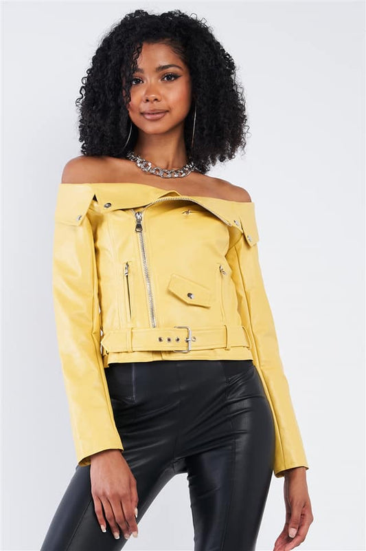 VINTAGE BANANA YELLOW VEGAN LEATHER OFF-THE-SHOULDER OBLIQUE ZIPPER BELTED CROPPED JACKET