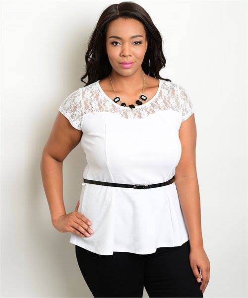 WHITE SASSY LACE ACCENT BELTED PLUS SIZE
