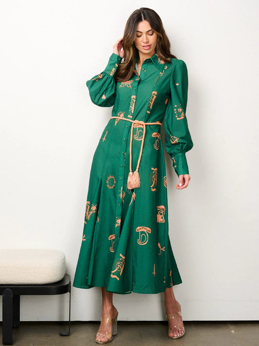 WOMEN'S LONG RUFFLE BUTTON UP MILTI PRINT SELF TIE MAXI DRESS