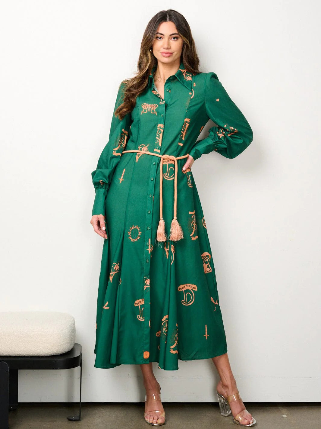 WOMEN'S LONG RUFFLE BUTTON UP MILTI PRINT SELF TIE MAXI DRESS