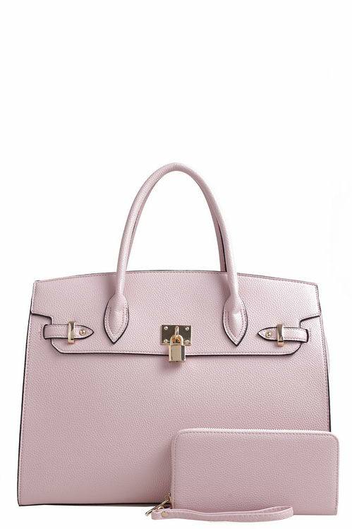 BLUSH PADLOCK ACCENT OSTRICH EMBOSSED LARGE TOTE WALLET SET