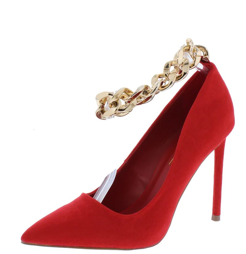 RED POINTY CLOSED TOE CHAIN STRAP HEELS
