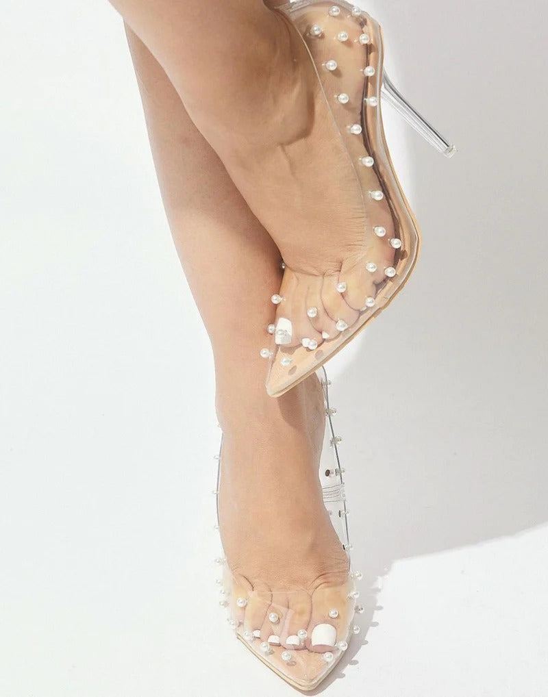 CLEAR GLAM PEARL STUDS DETAILED CLOSE TOE HIGH HEELS