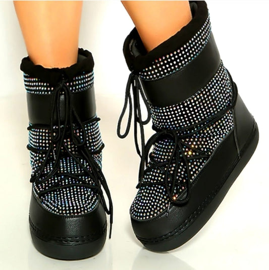 BLACK CRYSTAL RHINESTONE LACED UP BOOTIE