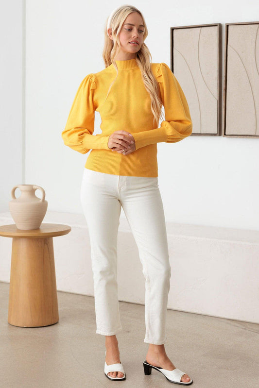 ICED MANGO RIBBED MOCK NECK LONG BALLON SLEEVE SWEATER TOP