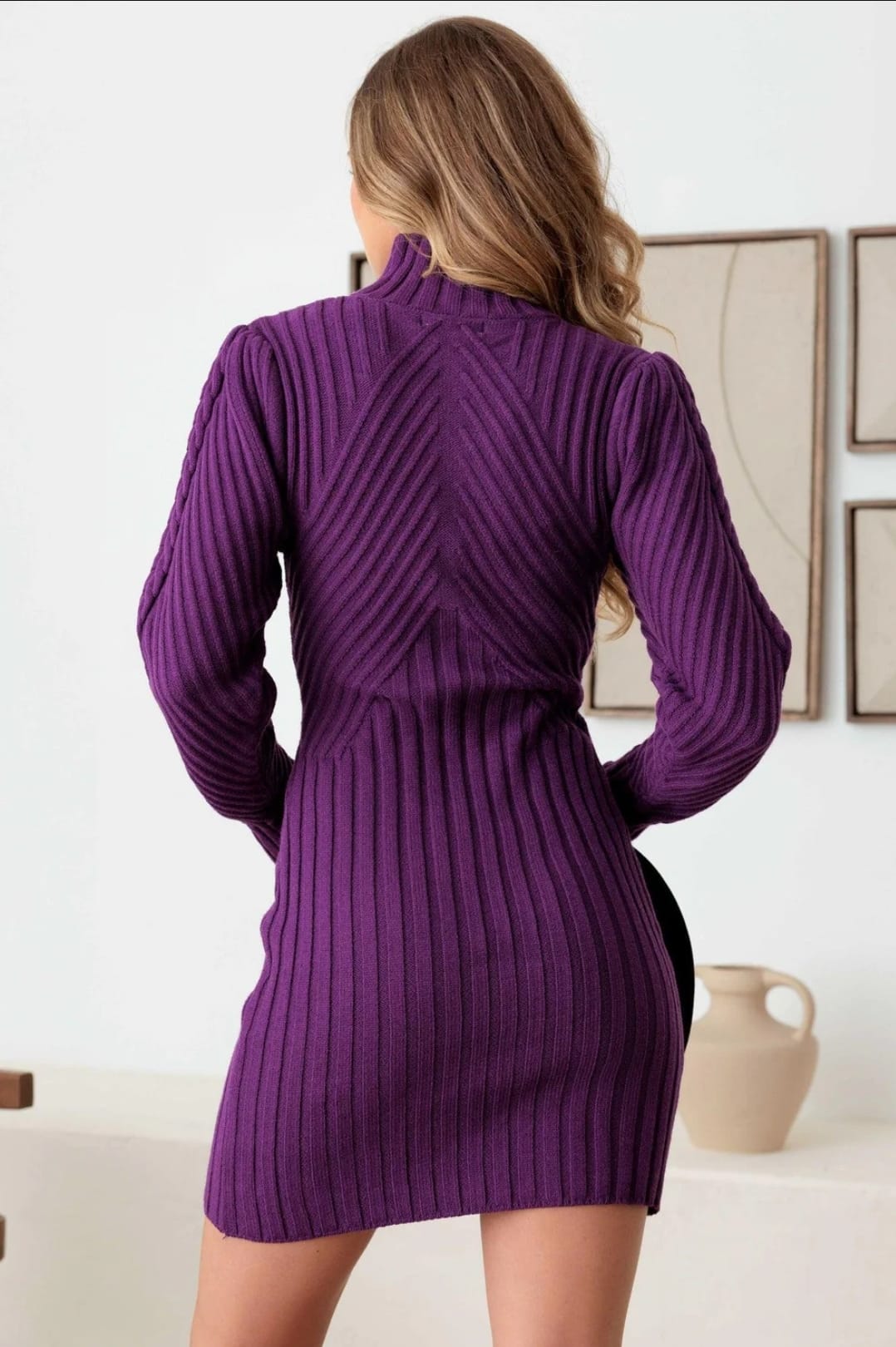 CABLE PATTERN HIGH NECK LONG SLEEVE SWEATER DRESS