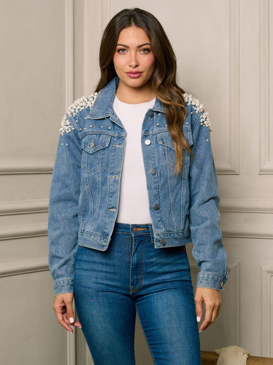 BLUE LONG SLEEVE BUTTON UP PEARL DETAILED DENIM JACKET