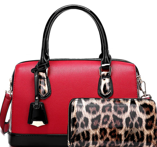 LEOPARD TRIM 2-WAY BOSTON SATCHEL WALLET SET