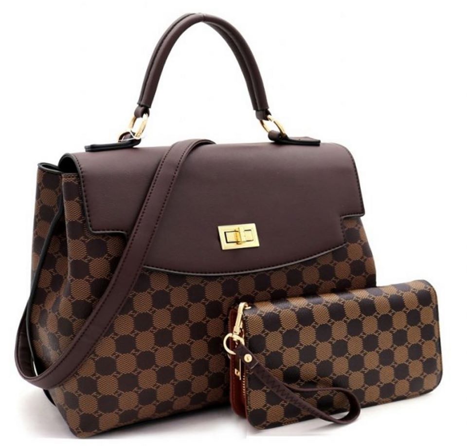 TURN-LOCK ACCENT MONOGRAM SATCHEL WALLET SET