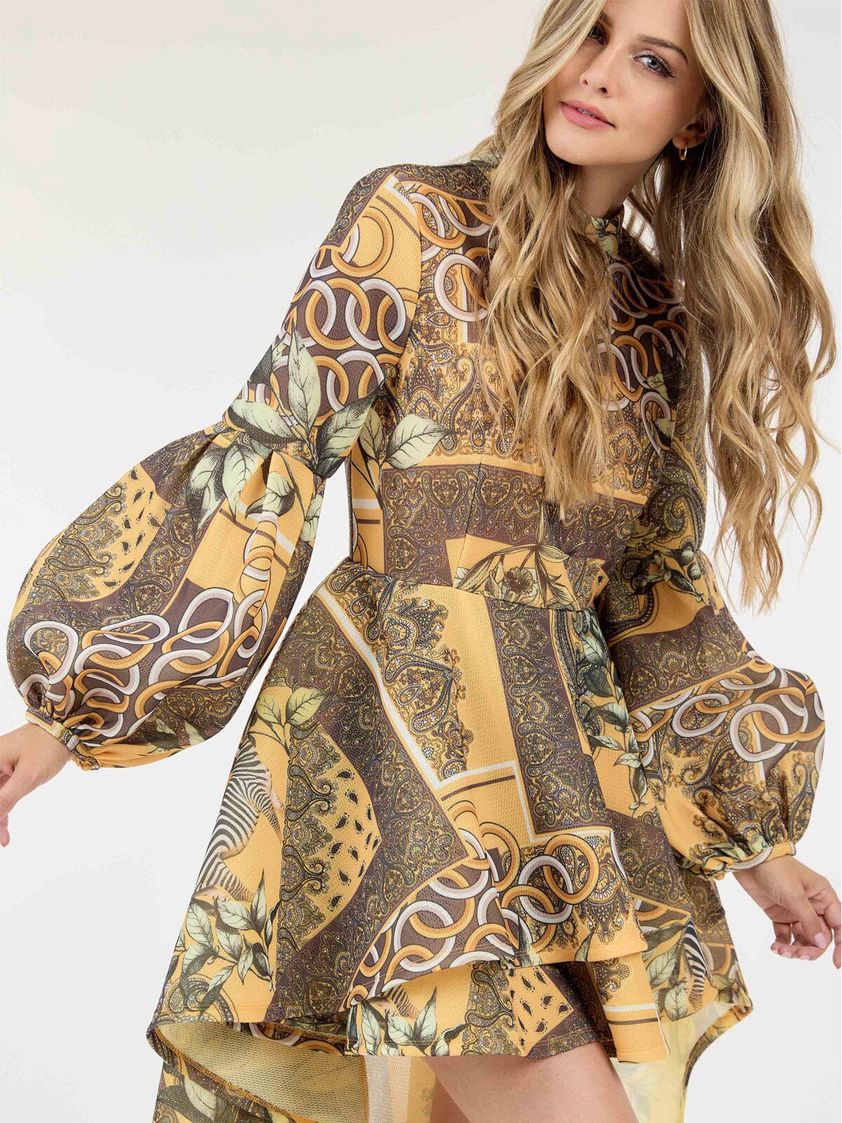 LONG BALLON SLEEVE HIGH-LOW RUFFLE MULTI PRINT MINI DRESS