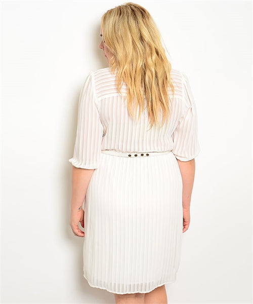 Ivory Belted Pleated Belted Plus Dress