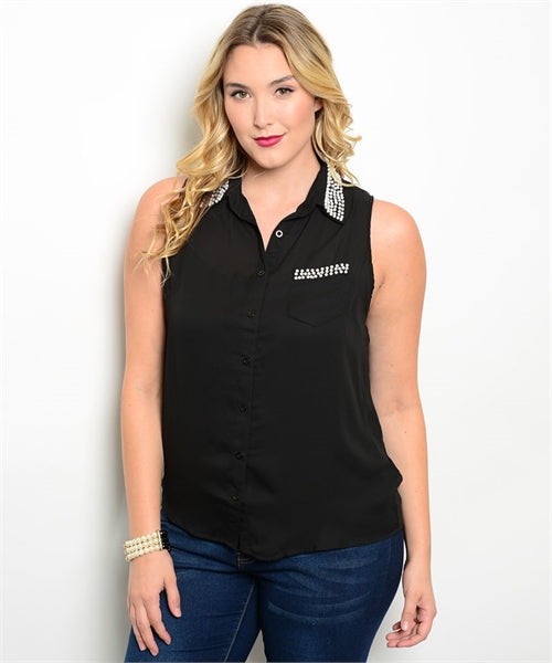 BLACK SLEEVELESS PEARL DETAILED PLUS TOP