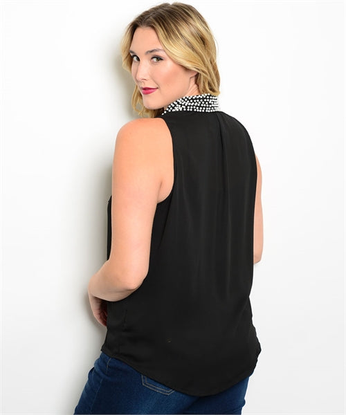 BLACK SLEEVELESS PEARL DETAILED PLUS TOP
