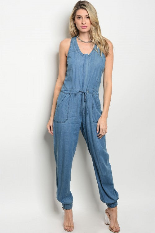 BLUE SLEEVELESS DENIM JUMPSUIT