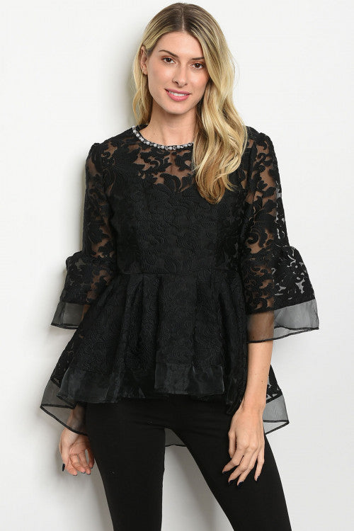 3/4 BELL SLEEVE ALL OVER LACE CROCHET BABYDOLL BLOUSE.