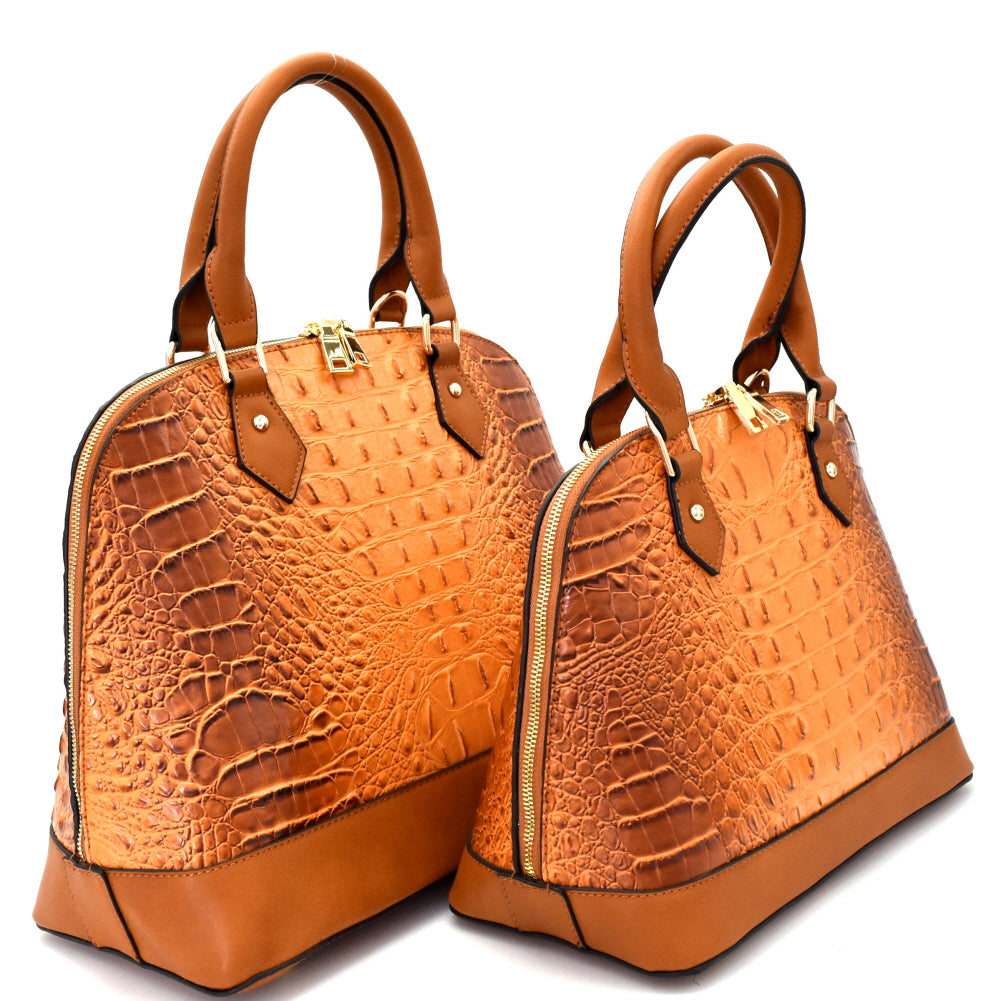 BROWN CROCODILE EMBOSSED 2 in 1 TWIN DOME SATCHEL SET
