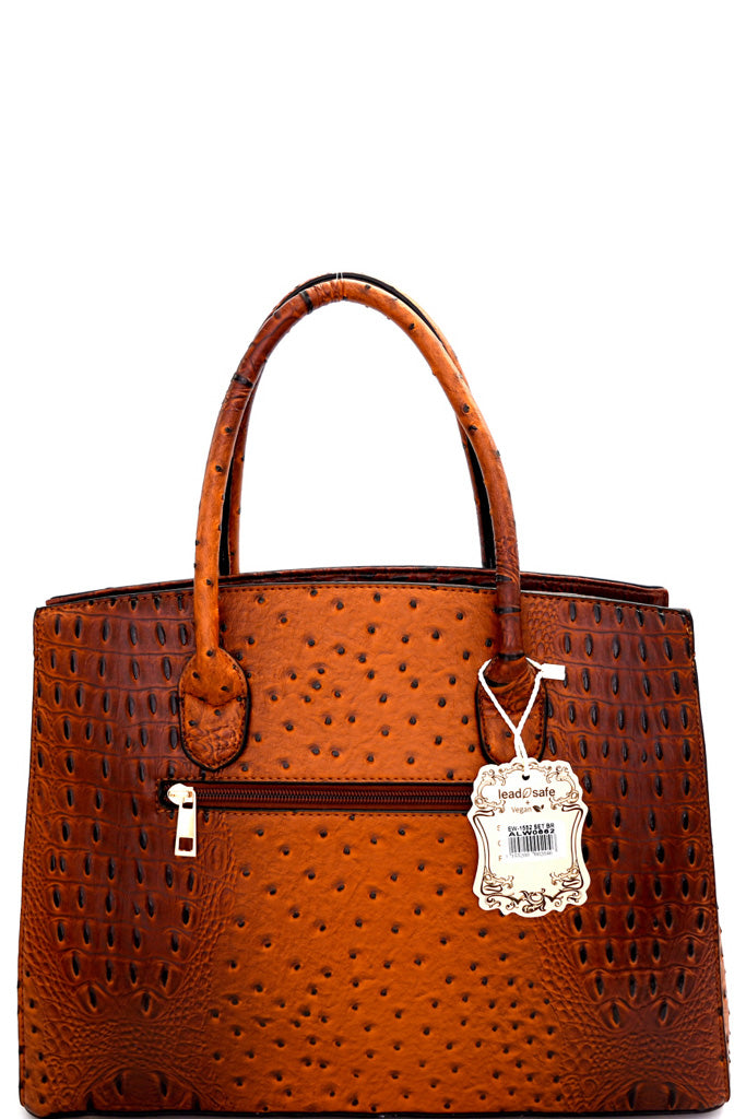 COFFEE PADLOCK ACCENT OSTRICH EMBOSSED LARGE TOTE WALLET SET