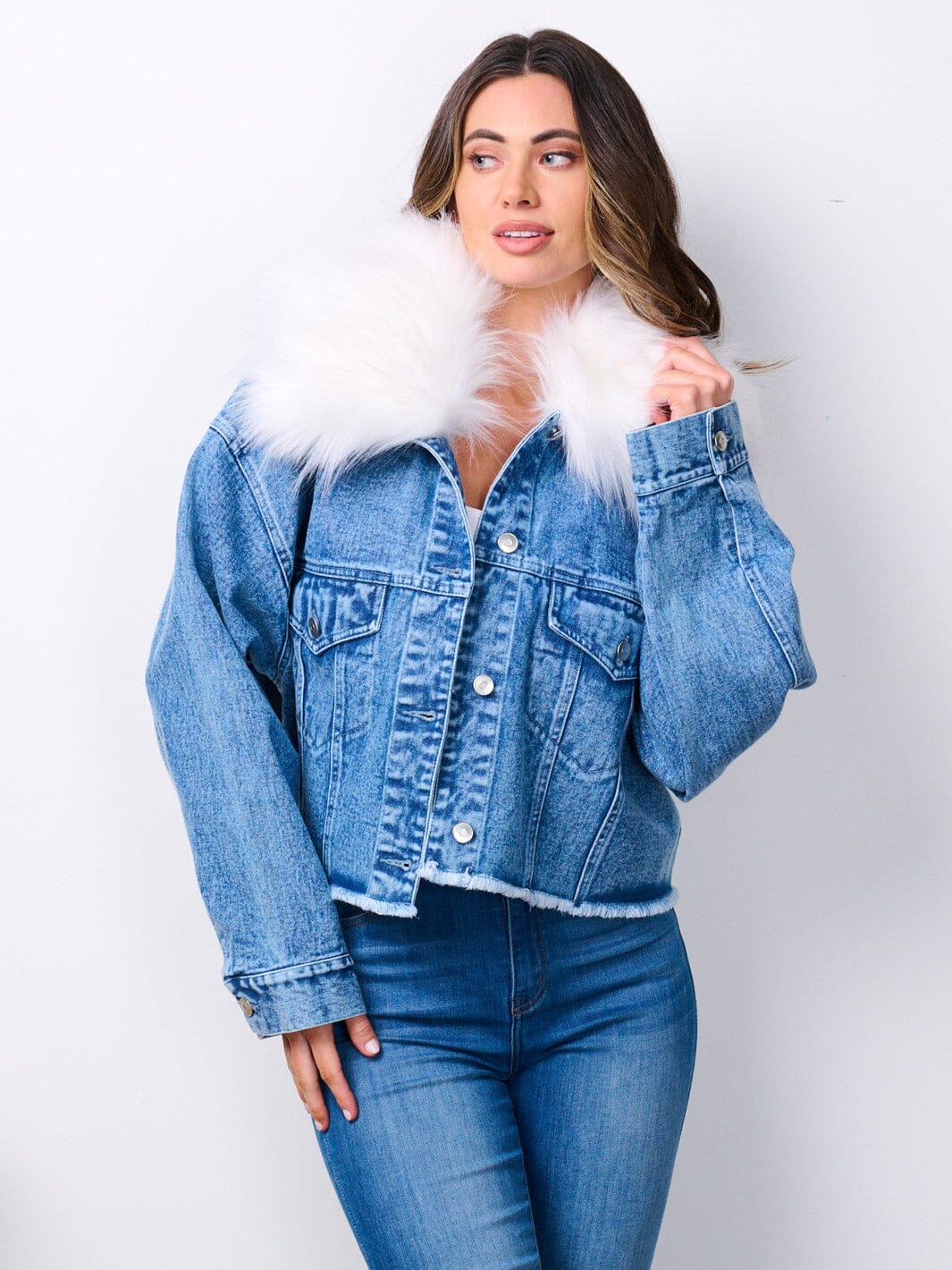 BLUE LONG SLEEVE BUTTON CLOSURE REMOVABLE COLLAR DENIM JACKET