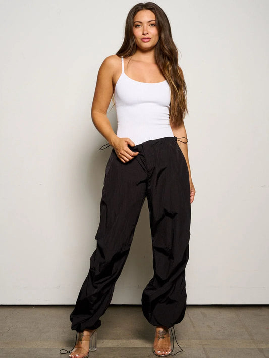 BLACK HUSKY PARACHUTE ELASTIC WAIST POCKETS JOGGER PANTS