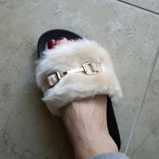 BEIGE METAL GOLD FUR SLIDE SANDALS