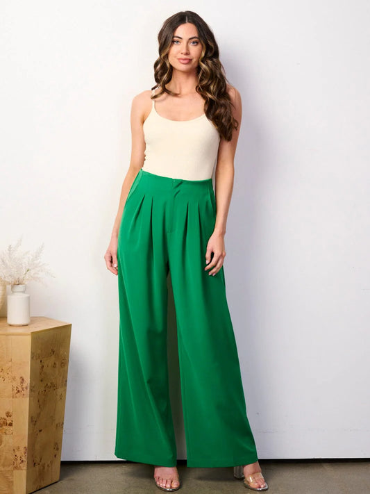 GREEN BUTTON CLOSURE POCKETS PLEATED WIDE LEG PANTS