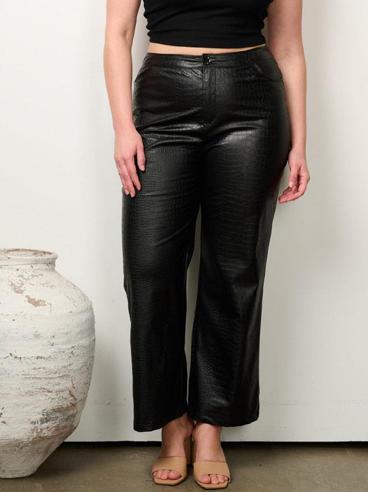 BLACK BUTTON CLOSURE WIDE LEG SNAKE PRINT PU PLEATHER PANTS