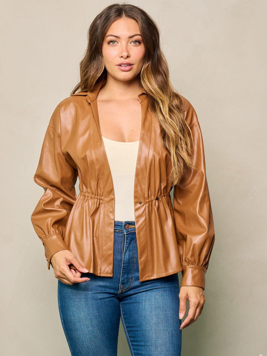CAMEL LONG SLEEVES BUTTON CLOSURE PU PLEATHER JACKET
