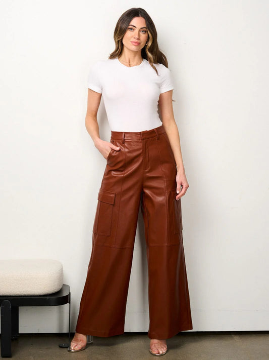 BROWN BUTTON CLOSURE PU PLEATHER WIDE LEG PANTS