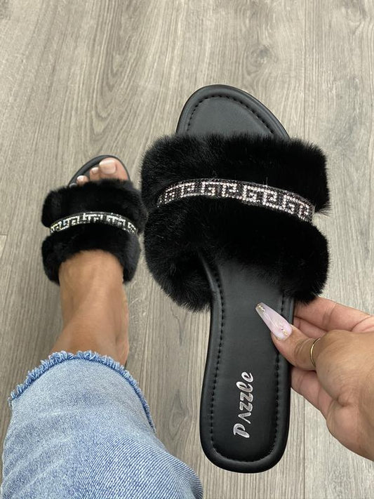BLACK OPEN TOE RHINESTONE FAUX FUR SLIP ON