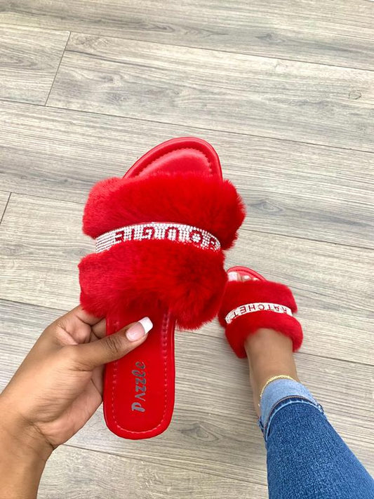 RED OPEN TOE RHINESTONE FAUX FUR SLIP ON