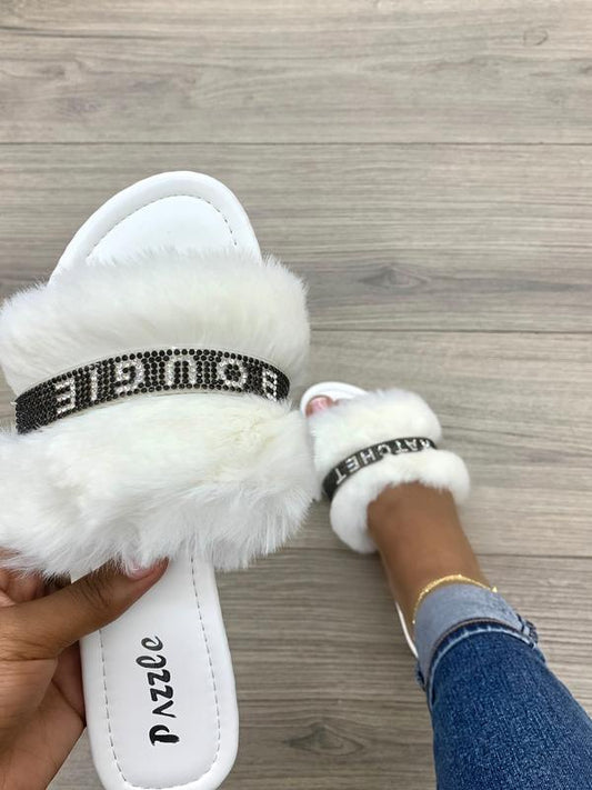 WHITE OPEN TOE RHINESTONE FAUX FUR SLIP ON
