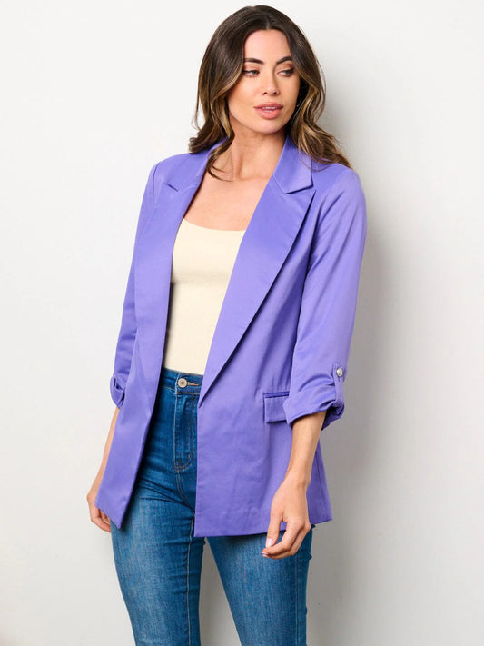 PURPLE 3/4 SLEEVES OPEN FRONT POCKETS BLAZER