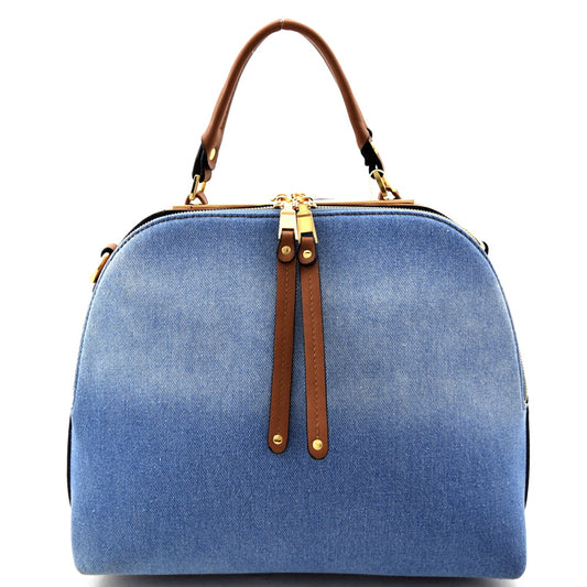 MULTI COMPARTMENTS DENIM SATCHEL BLUE/BROWN