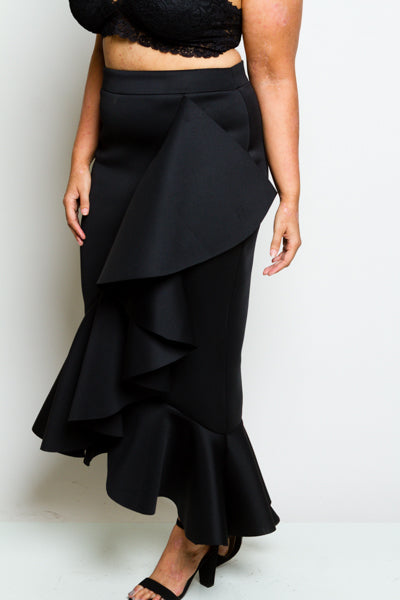 BLACK ASYMENTRICAL RUFFLED PEPLUM LONG SKIRT