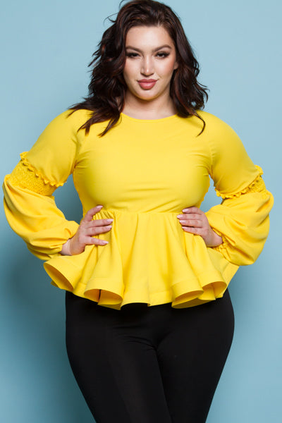 Round Neck Long Balloon Sleeves Peplum Top
