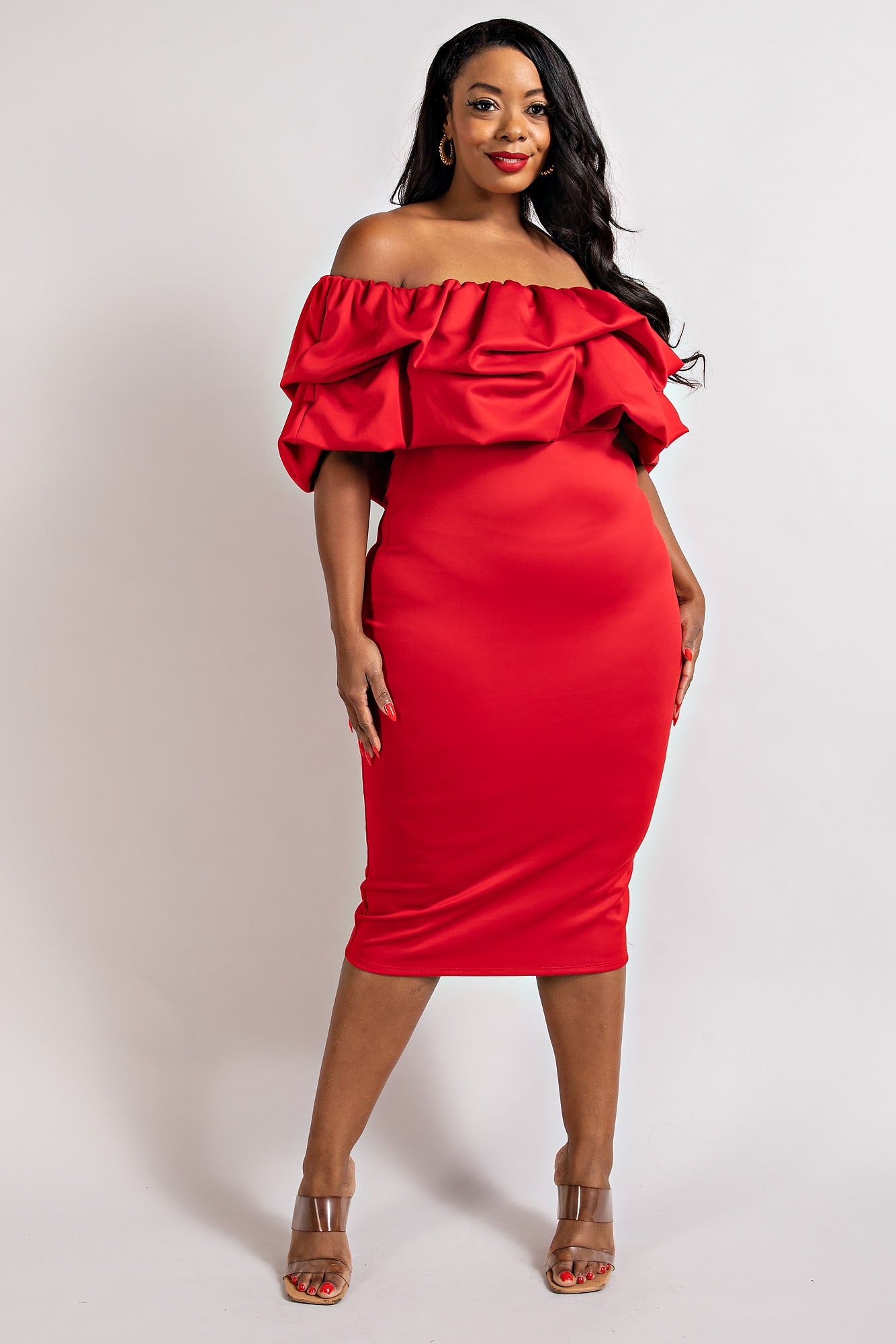 RED MULTI RUFFLE TUBE DRESS