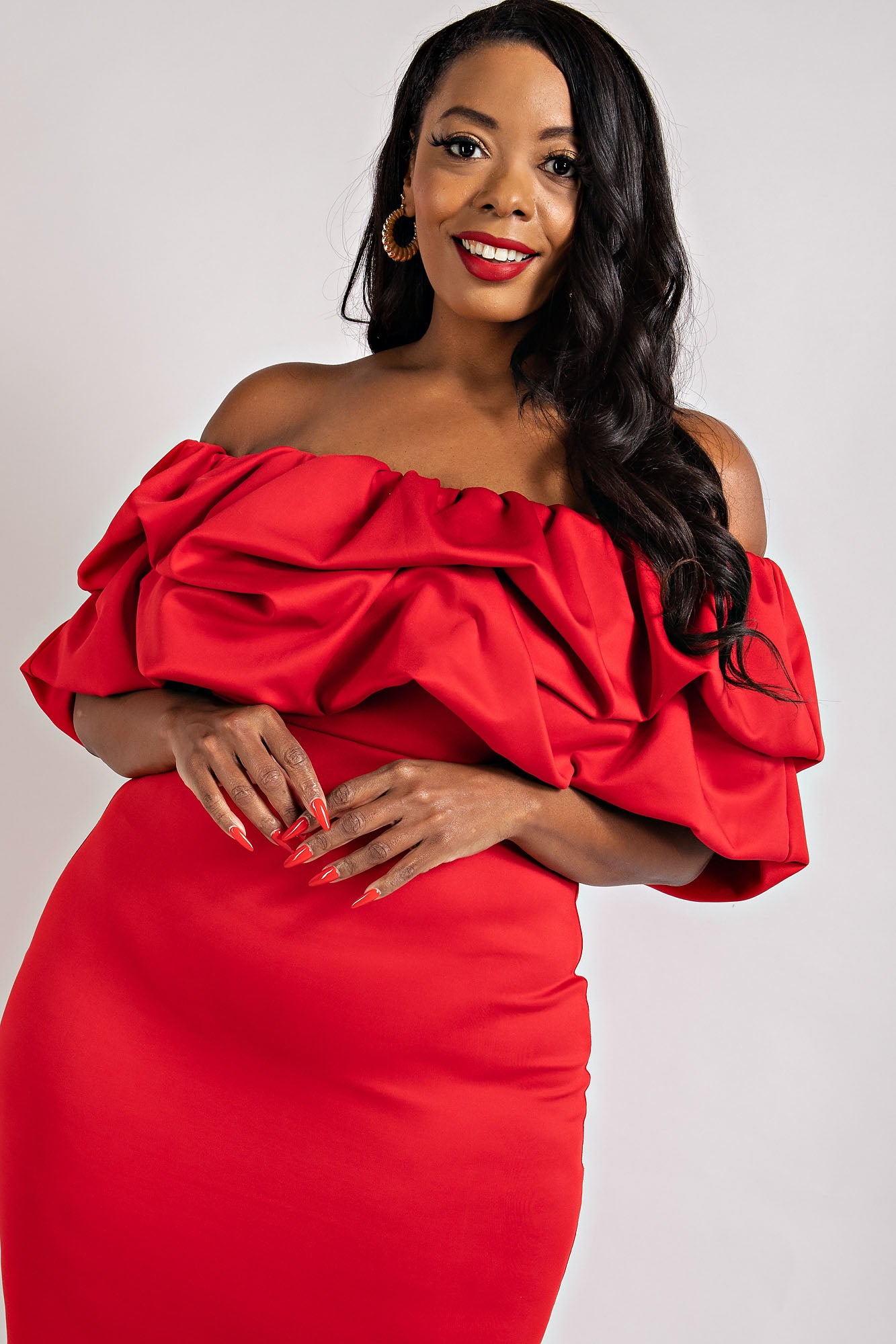 RED MULTI RUFFLE TUBE DRESS