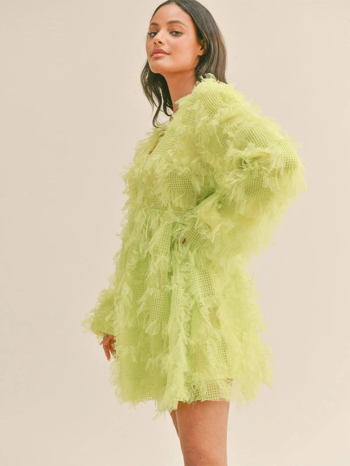 LIME LONG SLEEVE V-NECK FEATHER DETAILED MINI DRESS
