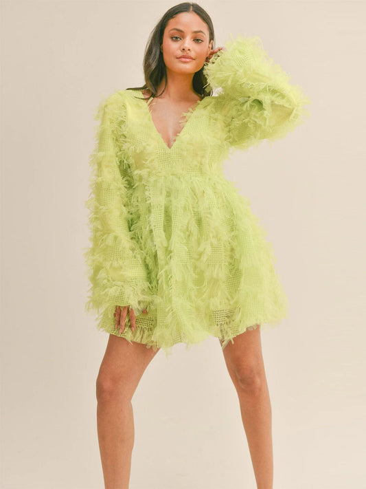 LIME LONG SLEEVE V-NECK FEATHER DETAILED MINI DRESS