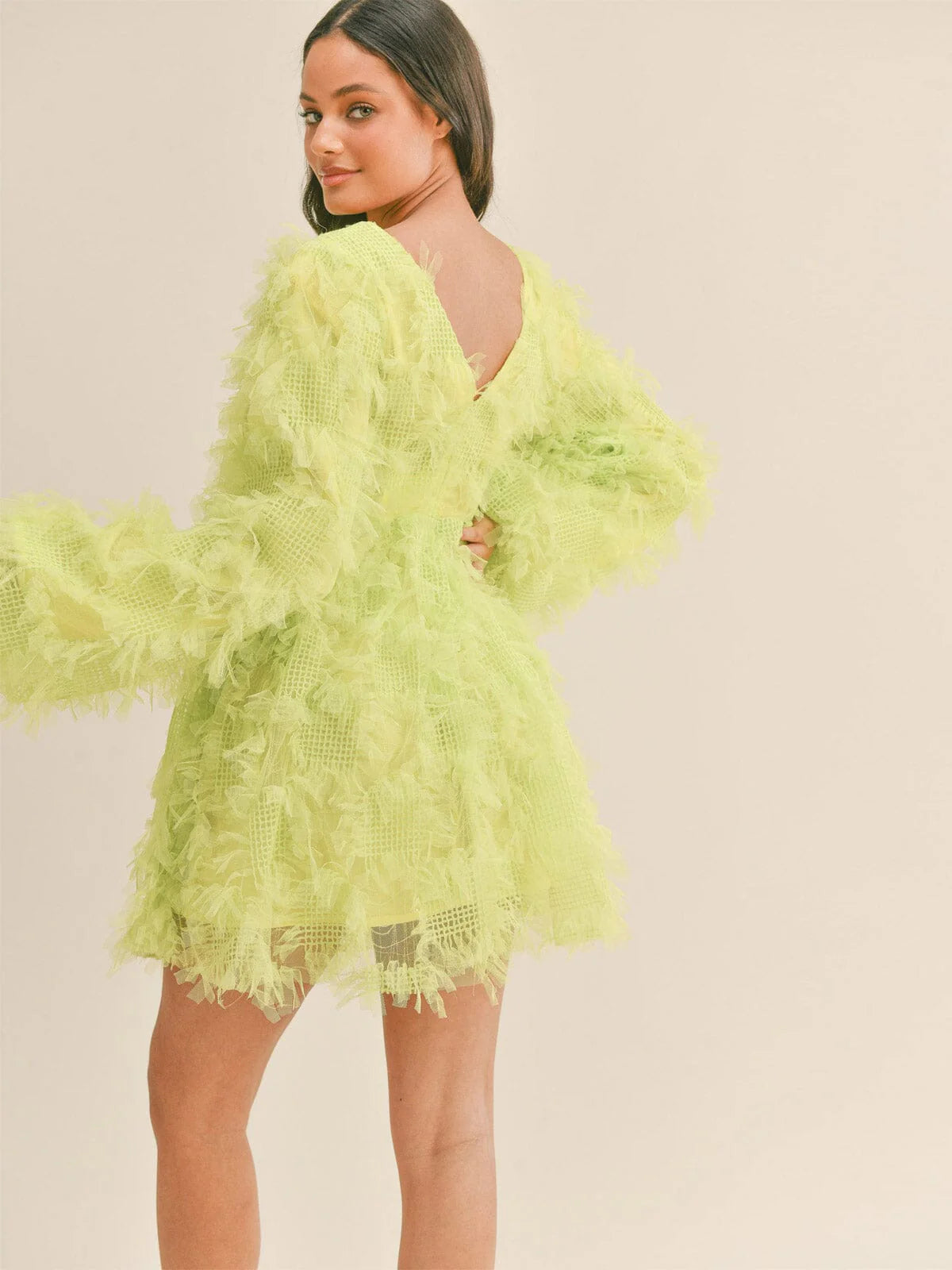 LIME LONG SLEEVE V-NECK FEATHER DETAILED MINI DRESS