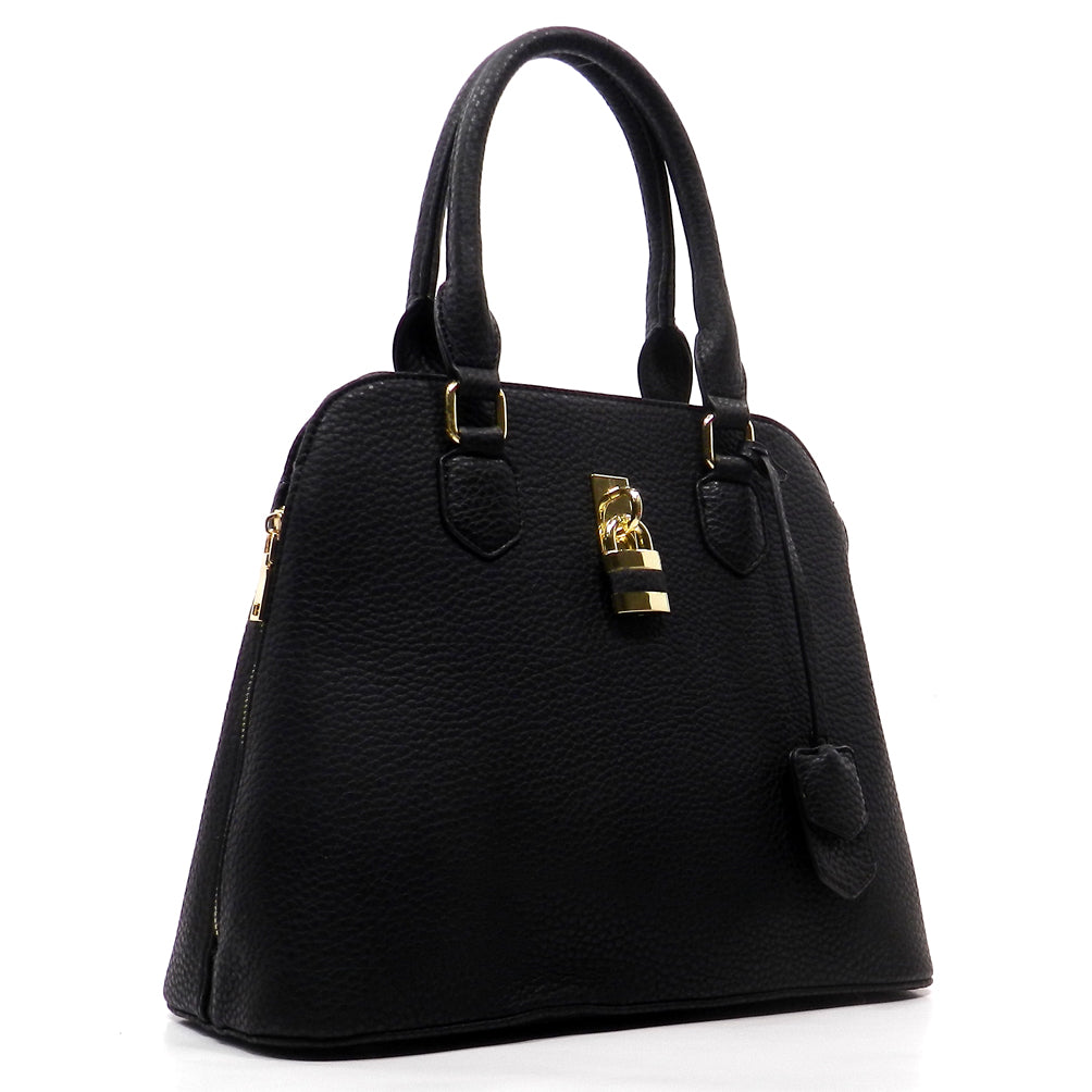 BLACK PEBBLE TEXTURED PADLOCK SATCHEL