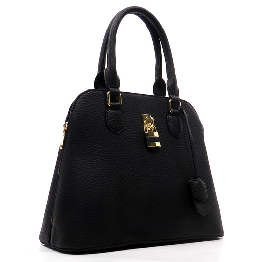 BLACK PEBBLE TEXTURED PADLOCK SATCHEL