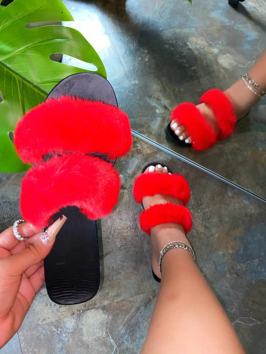 RED FUR DUAL STRAP MULE SLIDE SANDAL
