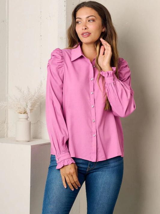 PINK LONG PUFF SLEEVE BUTTON UP BLOUSE TOP