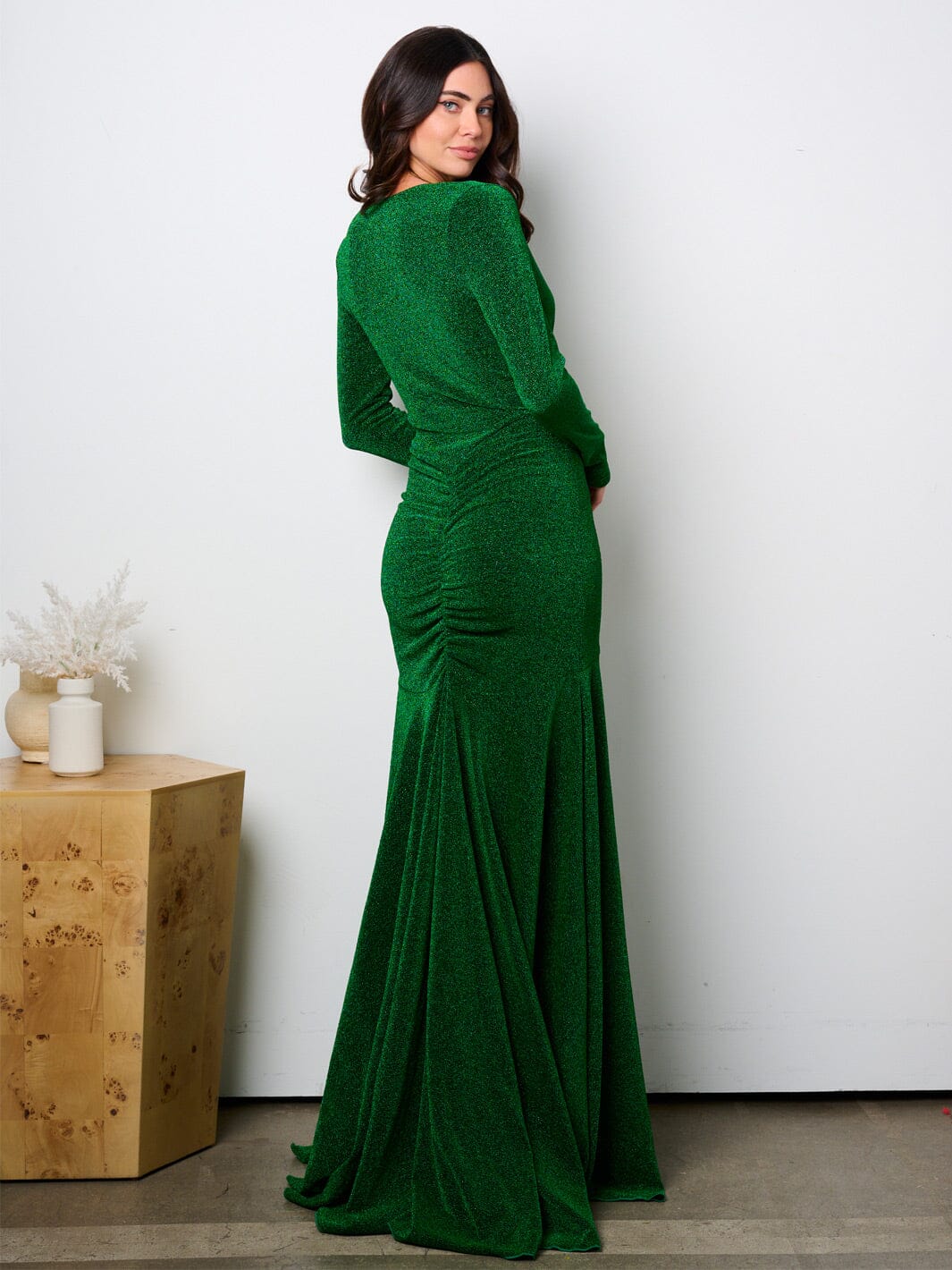 GREEN LONG SLEEVE SURPLICE HIGH-LOW SHIMMER MAXI GOWN DRESS