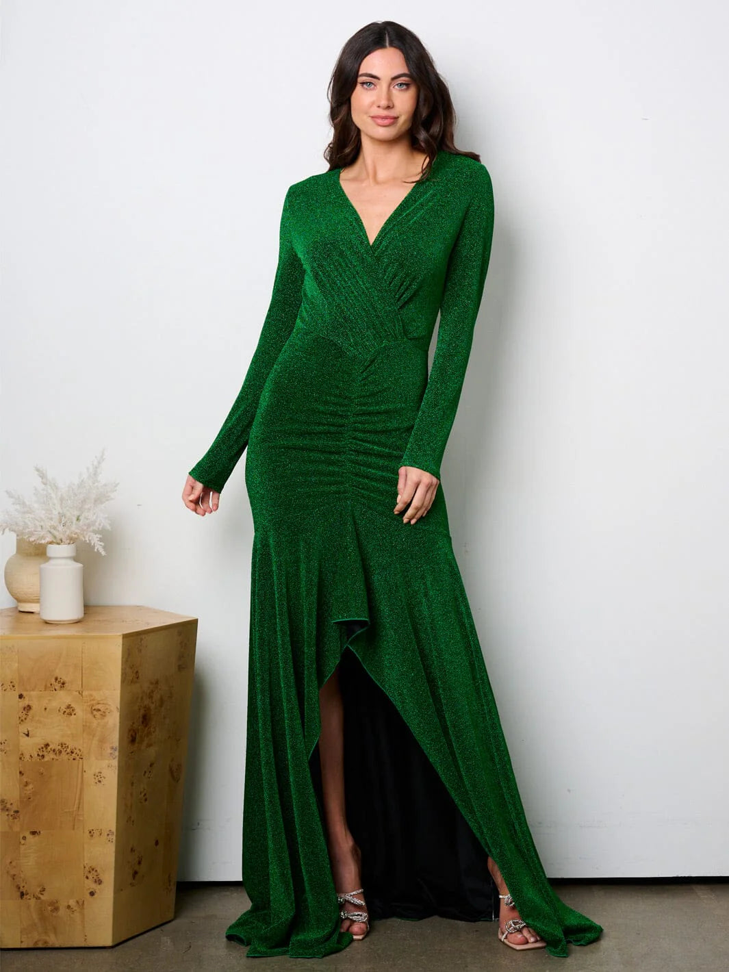 GREEN LONG SLEEVE SURPLICE HIGH-LOW SHIMMER MAXI GOWN DRESS