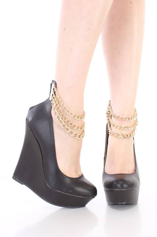 BLACK ANKLE CHAINS PLSTFORM WEDGE FAUX LEATHER